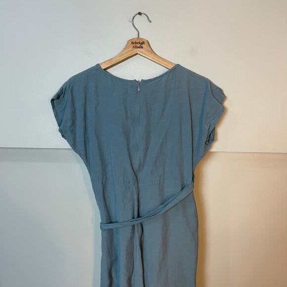 Rujuta Sheth Luna Wrap Jumpsuit Linen Blue SZ XS Classic Timeless Pockets Romper - Picture 7 of 9